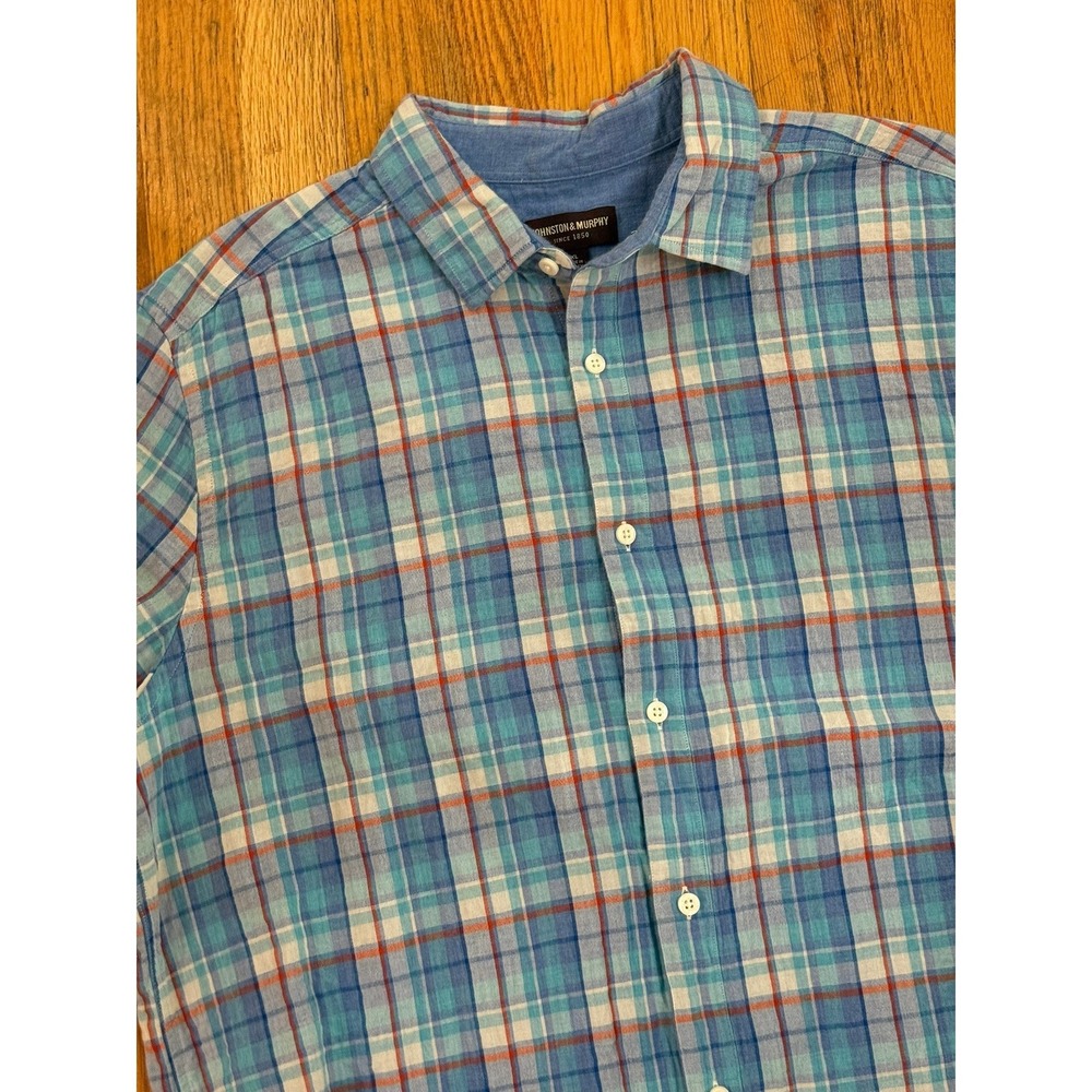 Johnston Murphy Men's XL Short Sleeve Button Down Shirt Blue Red White Plaid